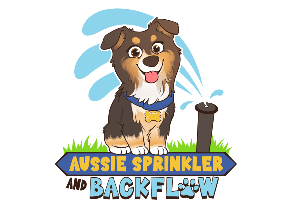 Aussie Sprinkler and Backflow logo with grass, sprinkler and dog