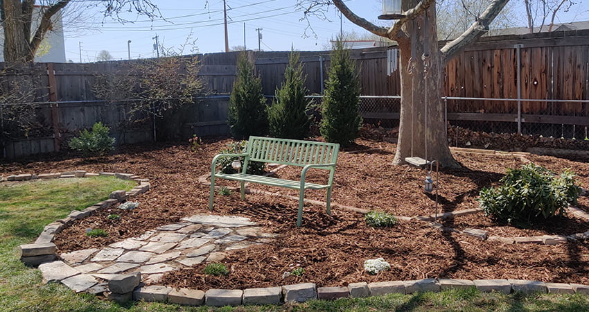 Bench with Stone Path and Bark Mulch